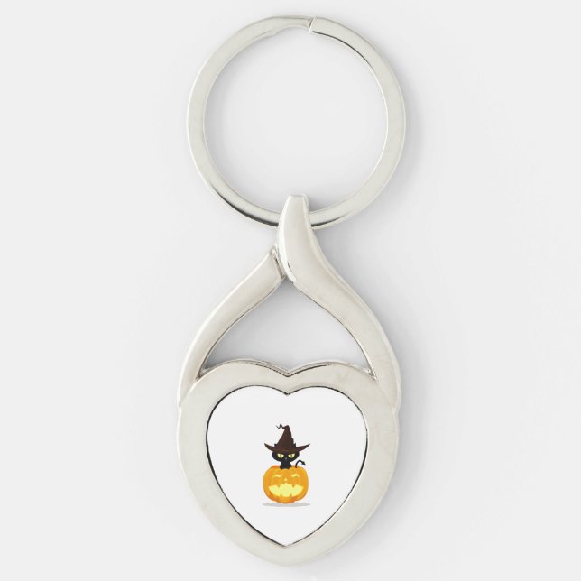 Halloween witch cat on jackolantern key ring (Front)