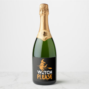 Halloween Witch Cat Please Birthday Sparkling Wine Label