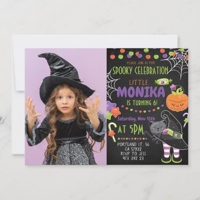 Halloween Witch Cat Pumpkin Birthday Invitation  (Front)