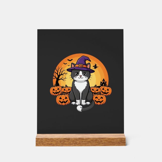 Halloween Witch Cat Pumpkin Moon Design_1 Acrylic Sign (Front)