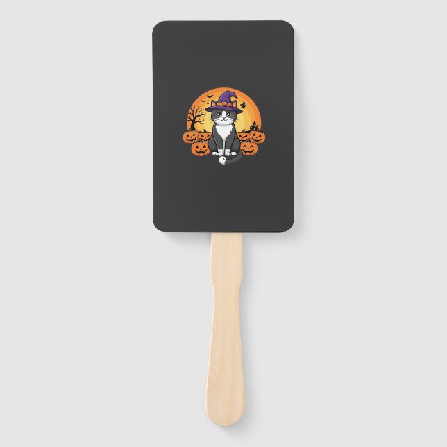 Halloween Witch Cat Pumpkin Moon Design_1 Hand Fan (Front)