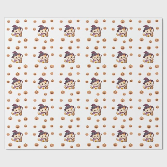 Halloween Witch Cat Pumpkin Pattern Wrapping Paper (Flat)