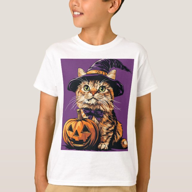 Halloween Witch Cat Pumpkin Spooky Season purple T-Shirt (Front)