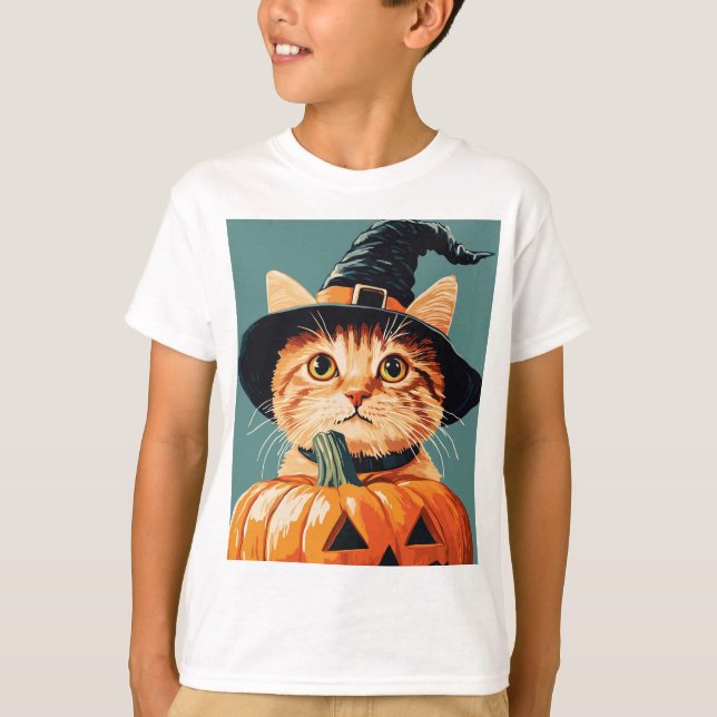 Halloween Witch Cat Pumpkin Spooky Season T-Shirt (Front)