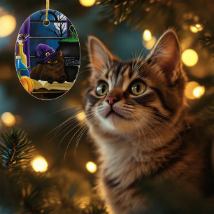 Halloween Witch Cat Purple Magic Ceramic Tree Decoration