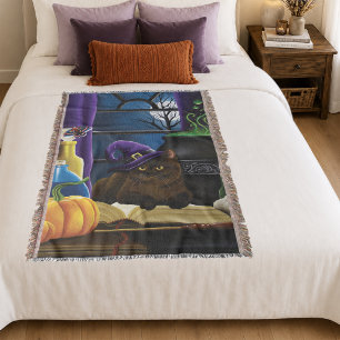 Halloween Witch Cat Purple Magic Throw Blanket
