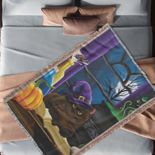 Halloween Witch Cat Purple Magic Throw Blanket