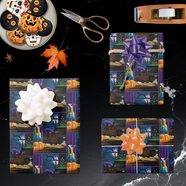 Halloween Witch Cat Purple Magic Wrapping Paper Sheet (Creator Uploaded)