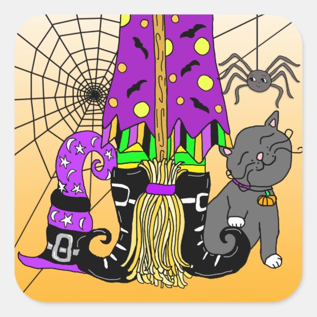 Halloween Witch, Cat, Spider and Broomstick Square Sticker (Front)