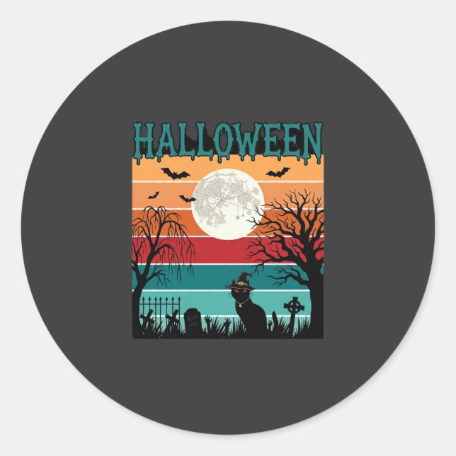 Halloween Witch Cat Spider Web Moon Graveyard_1_1 Classic Round Sticker (Front)