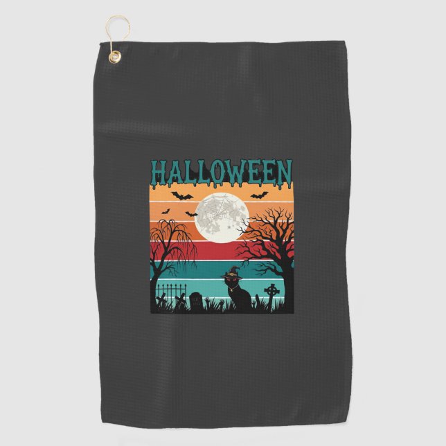 Halloween Witch Cat Spider Web Moon Graveyard_1_1 Golf Towel (Front)