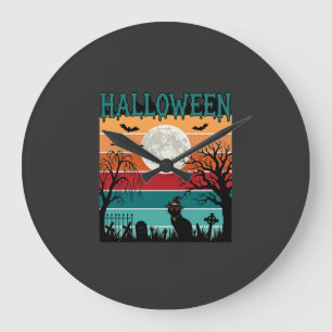 Halloween Witch Cat Spider Web Moon Graveyard_1_1 Large Clock