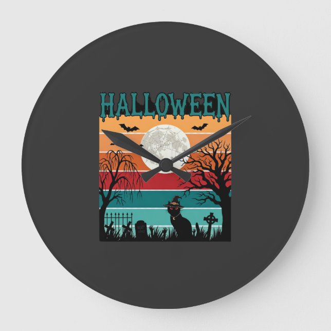 Halloween Witch Cat Spider Web Moon Graveyard_1_1 Large Clock (Front)