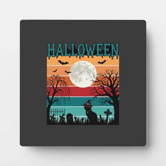 Halloween Witch Cat Spider Web Moon Graveyard_1_1 Plaque (Front)
