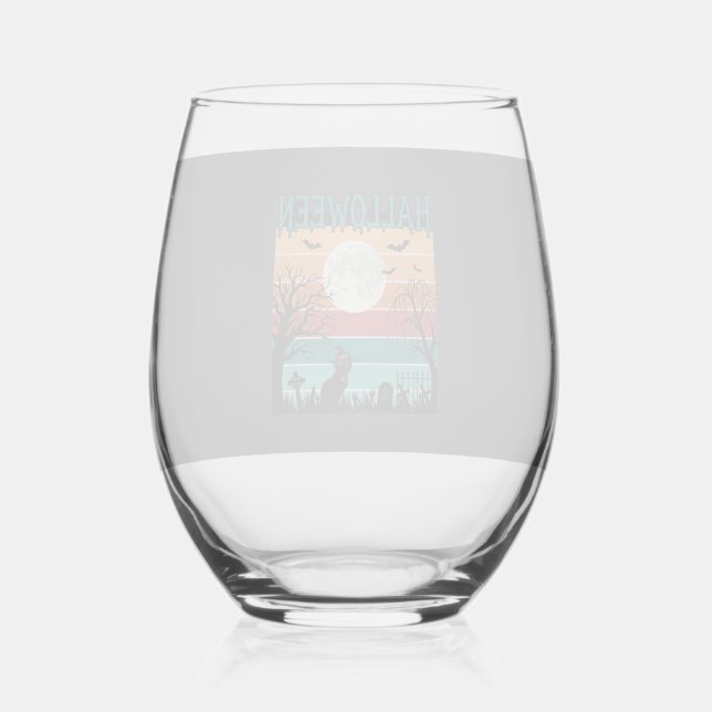 Halloween Witch Cat Spider Web Moon Graveyard_1_1 Stemless Wine Glass (Front)