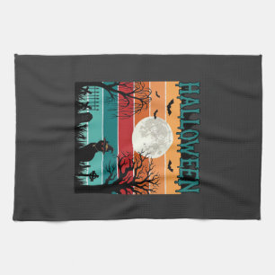 Halloween Witch Cat Spider Web Moon Graveyard_1_1 Tea Towel