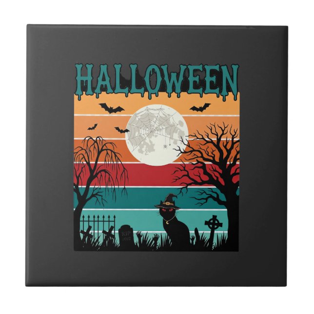 Halloween Witch Cat Spider Web Moon Graveyard_1_1 Tile (Front)