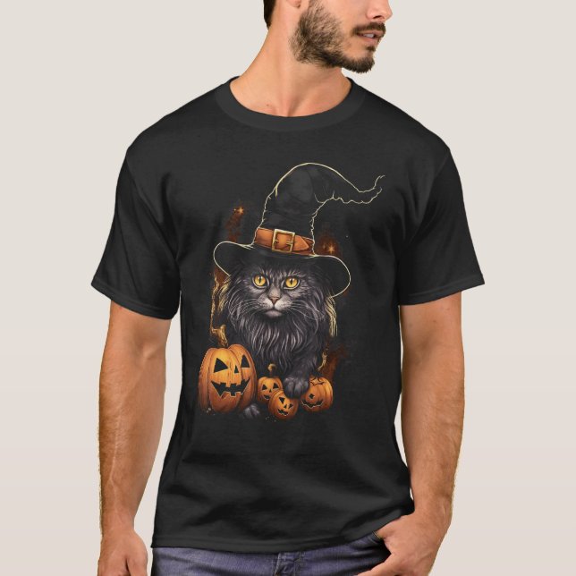 Halloween Witch Cat Spooky Kitty Pumpkin T-Shirt (Front)