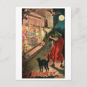 Halloween Witch, Cat Staring in Window Postcard