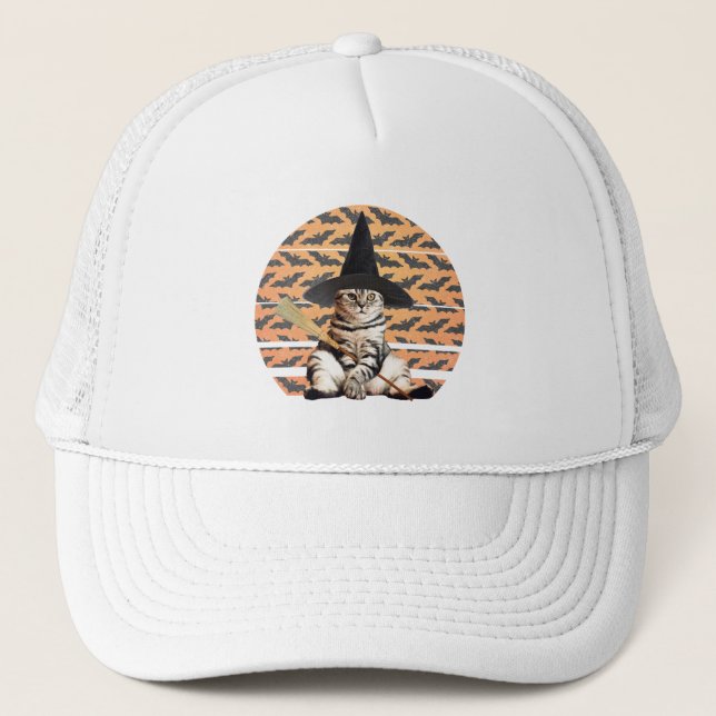 Halloween Witch Cat Trucker Hat (Front)