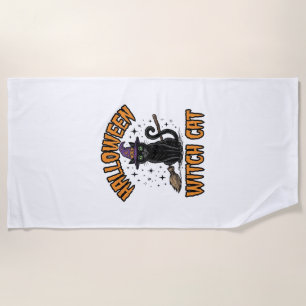 Halloween Witch Cat Vintage Engraving Design_1 Beach Towel