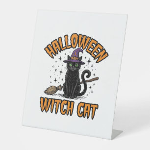 Halloween Witch Cat Vintage Engraving Design_1 Pedestal Sign