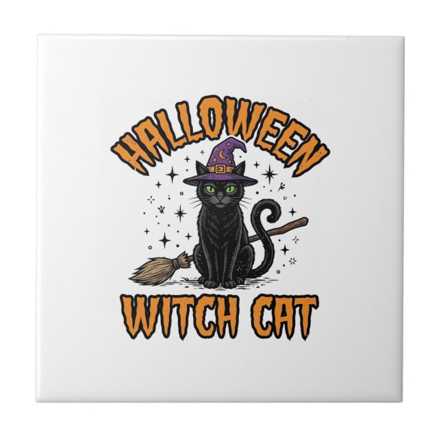 Halloween Witch Cat Vintage Engraving Design_1 Tile (Front)