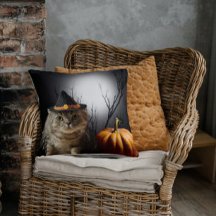 Halloween Witch Cat With Pumpkin Throw Pillow