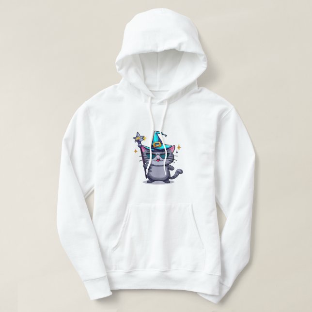Halloween Witch Cats Holding Magic Wand Stars Hoodie (Design Front)