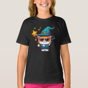 Halloween Witch Cats Holding Magic Wand Stars T-Shirt