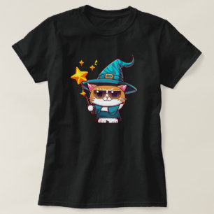 Halloween Witch Cats Holding Magic Wand Stars T-Shirt
