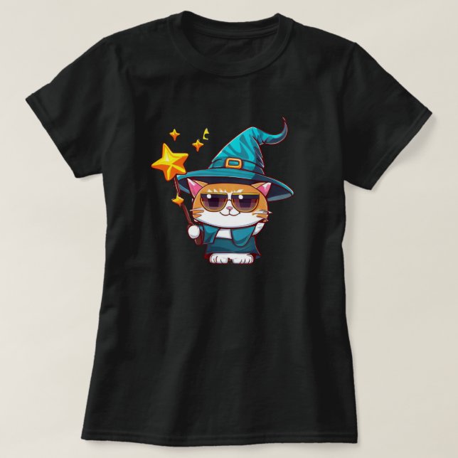 Halloween Witch Cats Holding Magic Wand Stars T-Shirt (Design Front)