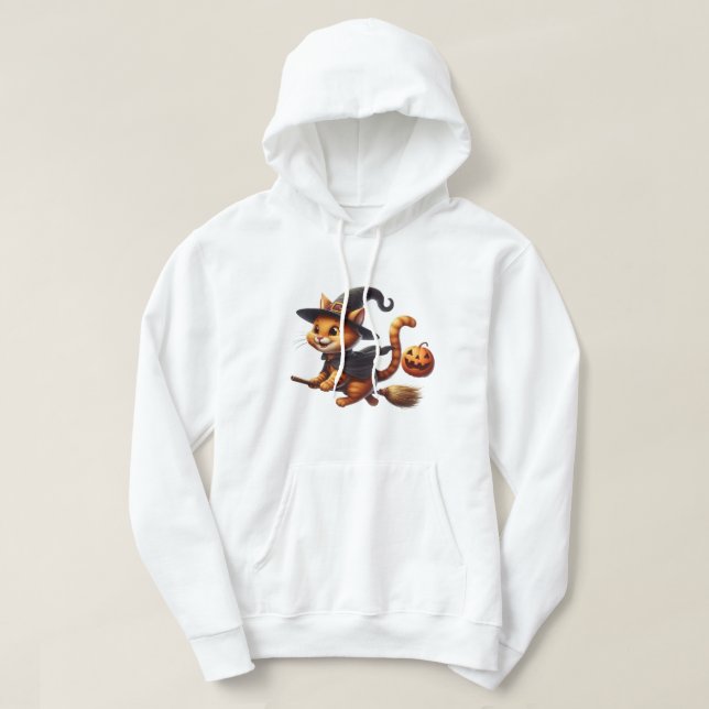 Halloween Witch Cats Riding Broomstick Pumpkin Hoodie (Design Front)