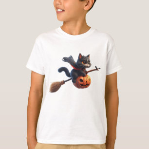 Halloween Witch Cats Riding Broomstick Pumpkin  T-Shirt