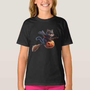 Halloween Witch Cats Riding Broomstick Pumpkin T-Shirt