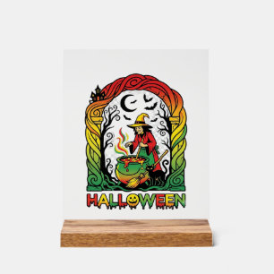 Halloween Witch Cauldron Brewing Black Cat Spooky Acrylic Sign