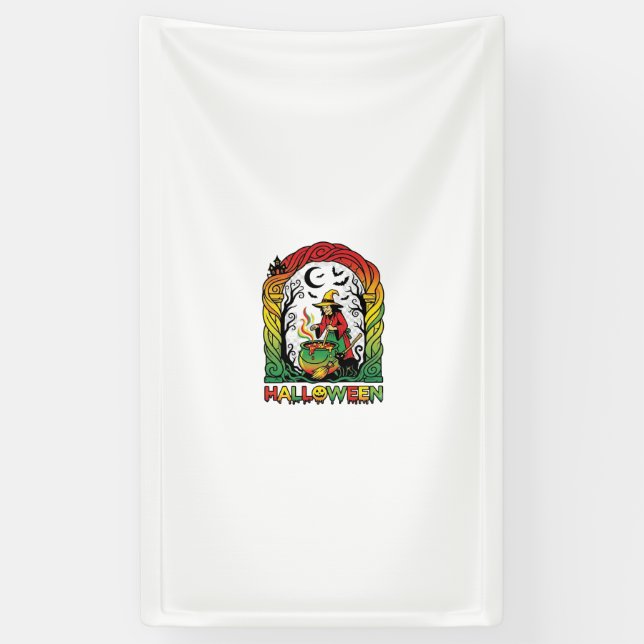 Halloween Witch Cauldron Brewing Black Cat Spooky  Banner (Vertical)