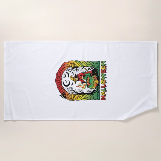 Halloween Witch Cauldron Brewing Black Cat Spooky  Beach Towel (Front)