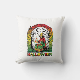Halloween Witch Cauldron Brewing Black Cat Spooky Cushion