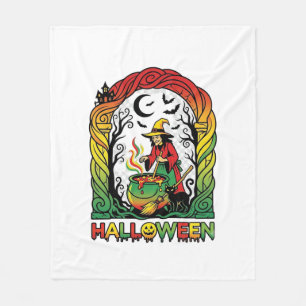 Halloween Witch Cauldron Brewing Black Cat Spooky Fleece Blanket