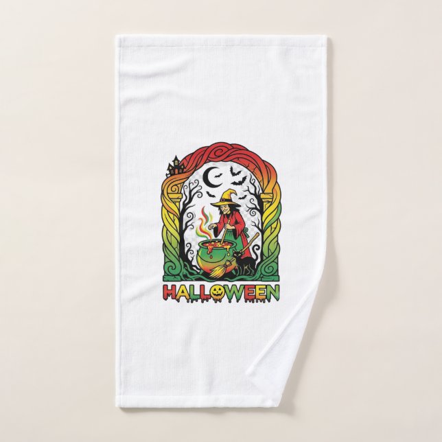 Halloween Witch Cauldron Brewing Black Cat Spooky  Hand Towel (Hand Towel)