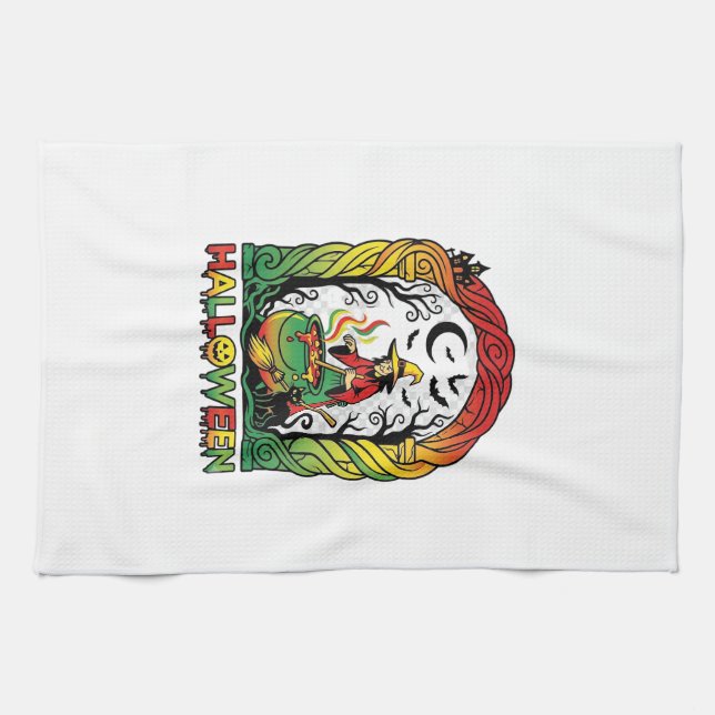Halloween Witch Cauldron Brewing Black Cat Spooky  Tea Towel (Horizontal)
