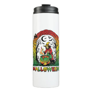 Halloween Witch Cauldron Brewing Black Cat Spooky Thermal Tumbler