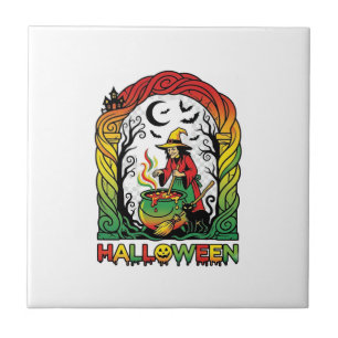 Halloween Witch Cauldron Brewing Black Cat Spooky Tile