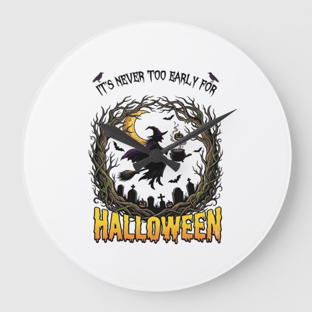 Halloween Witch Cauldron Moon Cemetery Twisted Tre Large Clock (Front)