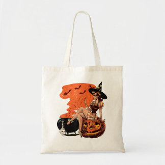 Halloween Witch Cauldron Pin Up Retro Vintage Pump Tote Bag