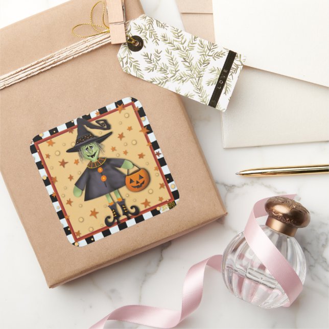 Halloween Witch Cute Inspirivity Fun Kids Square Sticker (Gifting)