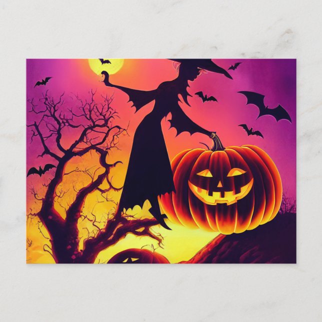 Halloween witch dances with pumpkin in the moonlig postcard (Front)