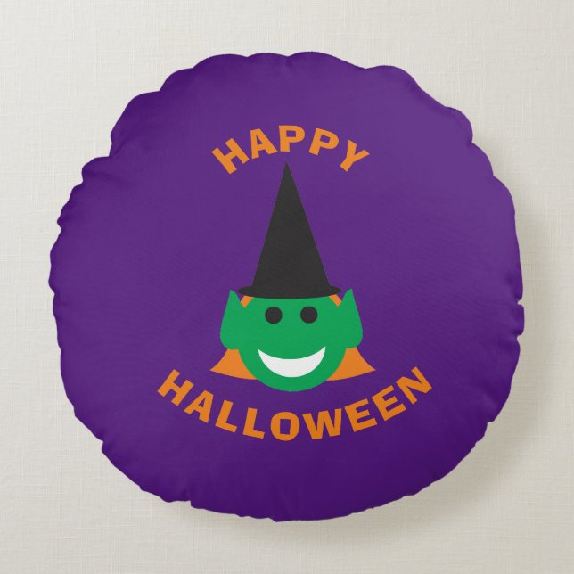 Halloween Witch Face Fun Cute Smiling Happy Purple Round Cushion (Front)