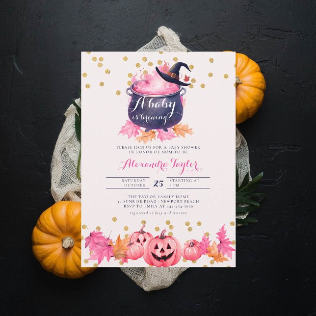Halloween Witch Fall Blush Pink Baby Girl Shower Invitation (halloween baby shower witch cauldron pumpkin invitation october novermber fall leaves pink blush)